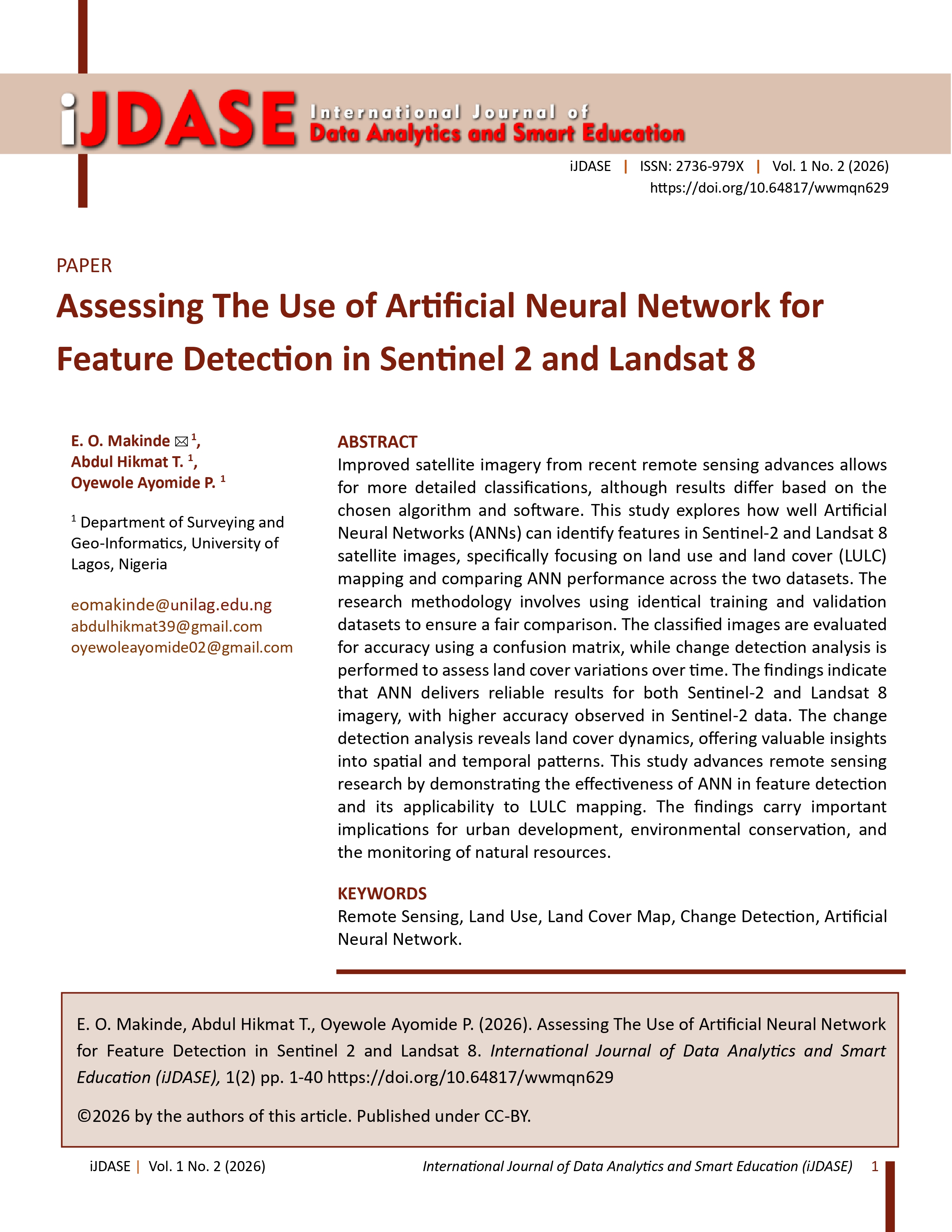 Page 1 of the paper - Assessing the Use of Artificial Neural Network for Feature Detection in Sentinel 2 and Landsat 8